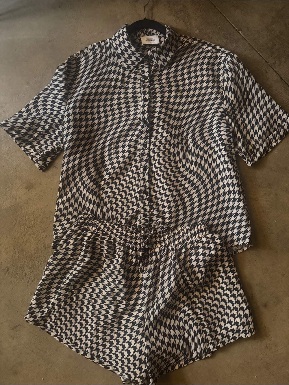 Women's Black Cream Houndstooth button down short sleeve shirt and shorts set